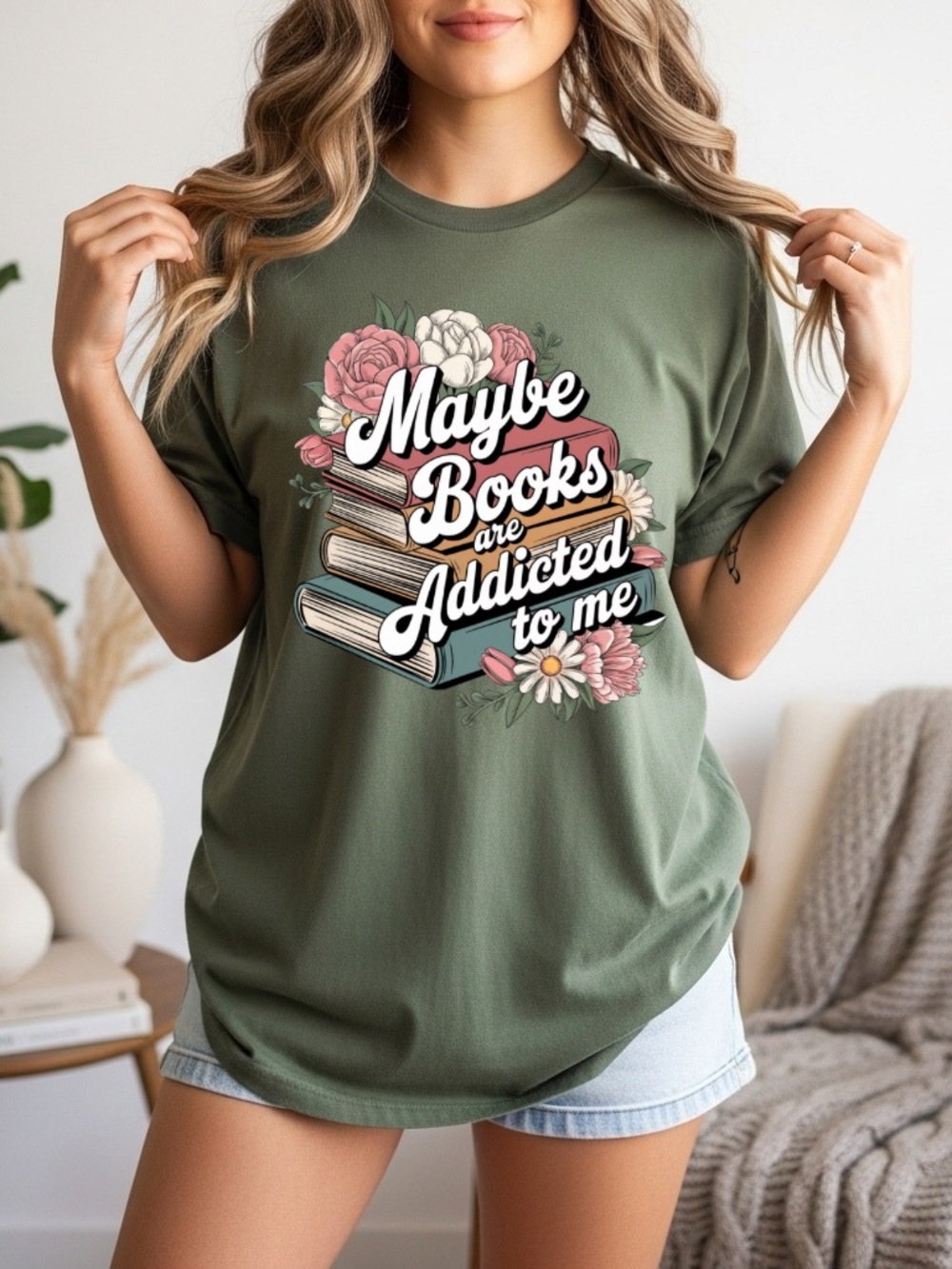 Comfort Colors Olive Green 'Maybe Books Are Addicted to Me' Graphic Tee